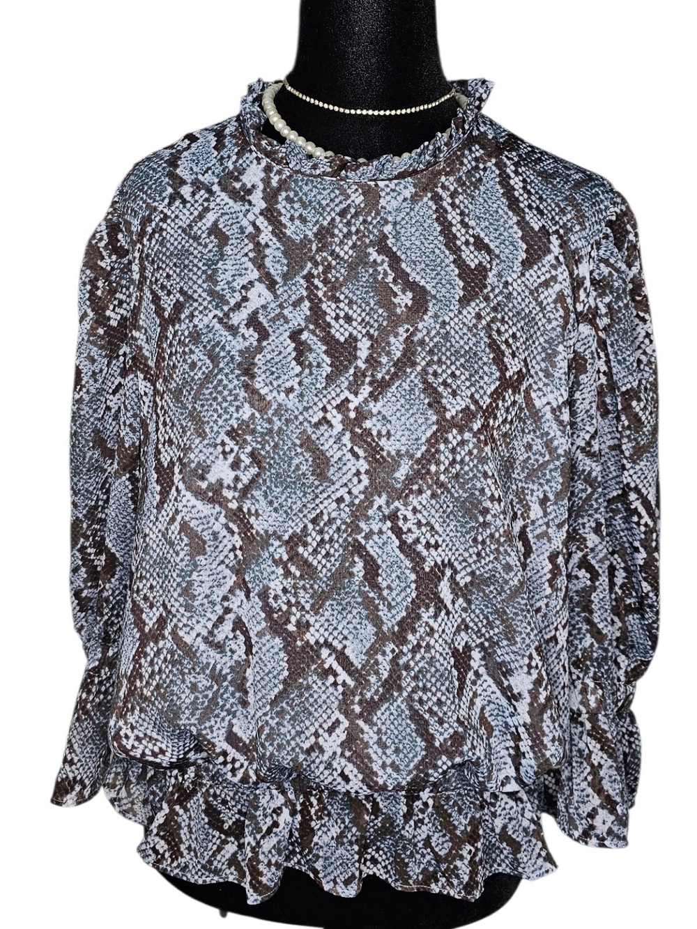 Ann Taylor Blue Snake Print Ruffle Mock Neck Blouse - Medium
